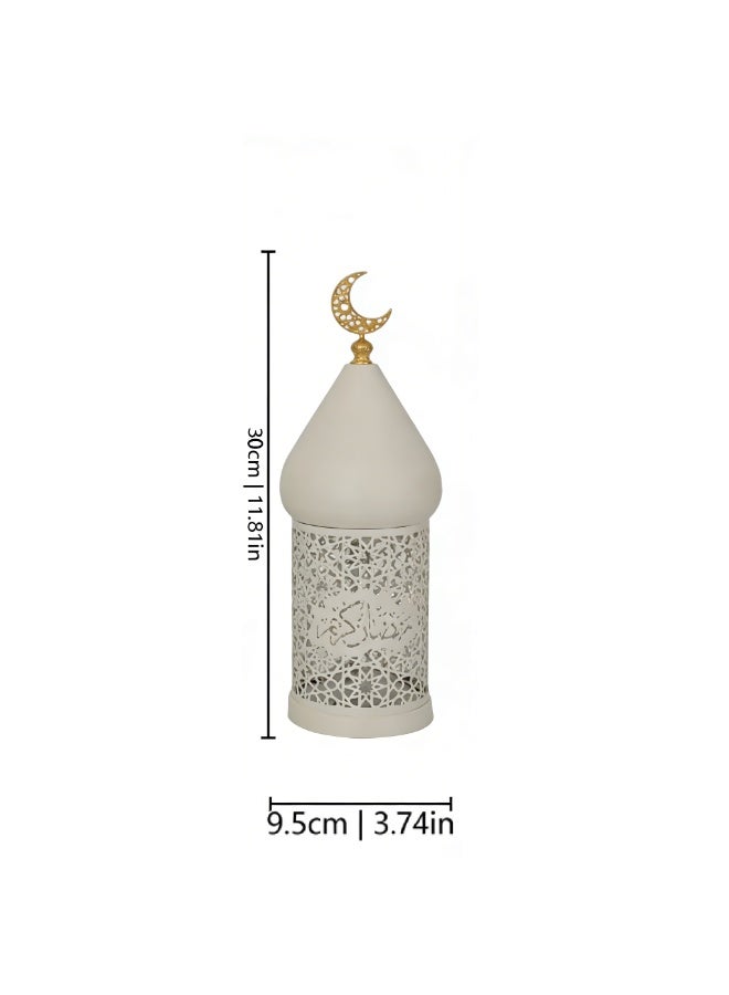 Ramadan Moroccan Lantern, White Hollow Out Metal LED Light with Gold Moon Topper for Indoor Outdoor Home Decor, Table Centerpieces, Ramadan, Eid, Wedding Decorations, FD778-S - Image 2